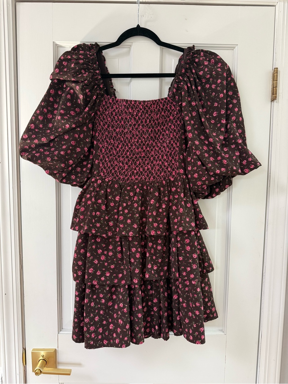 Smocked Tiered Mini Dress with Puff Sleeves - Brown & Pink Floral